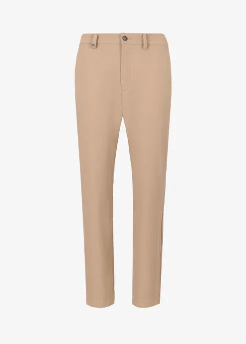 Pantalone uomo beige classico in cotone, stile elegante, fondo dritto, tasche laterali.