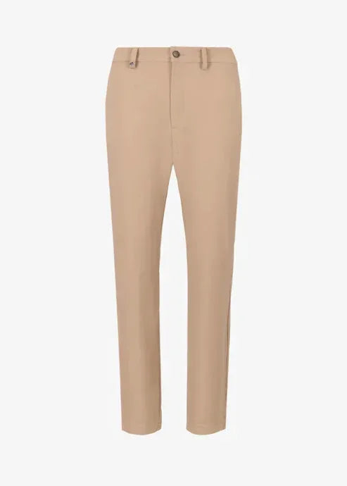 Pantalone uomo beige classico in cotone, stile elegante, fondo dritto, tasche laterali.