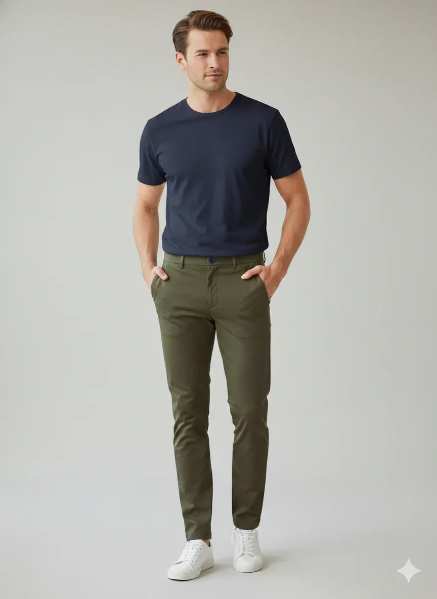 Modello uomo con t-shirt blu navy, pantaloni verdi slim e sneakers bianche stile casual