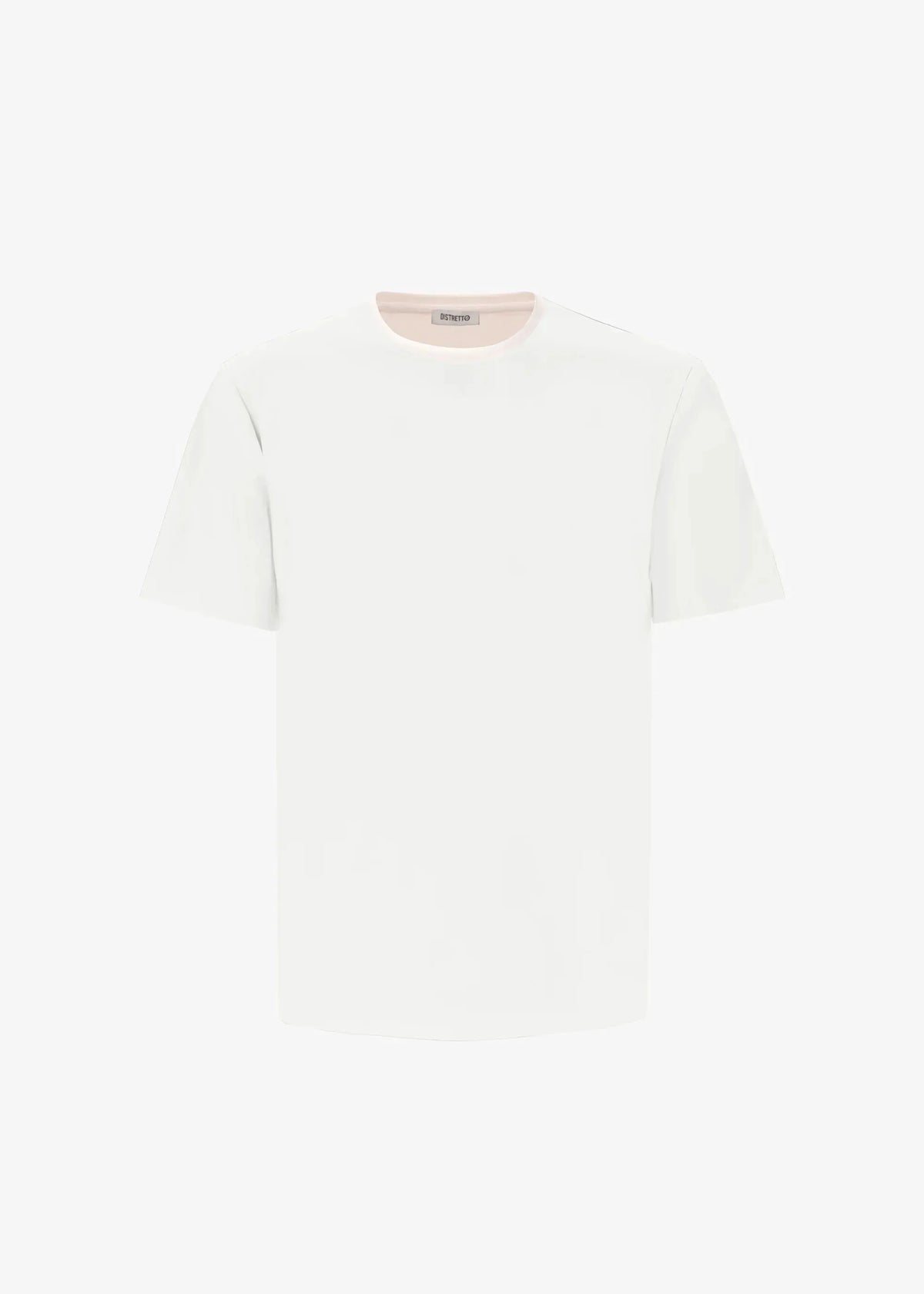 T-shirt uomo bianca a maniche corte, stile minimal, sfondo neutro