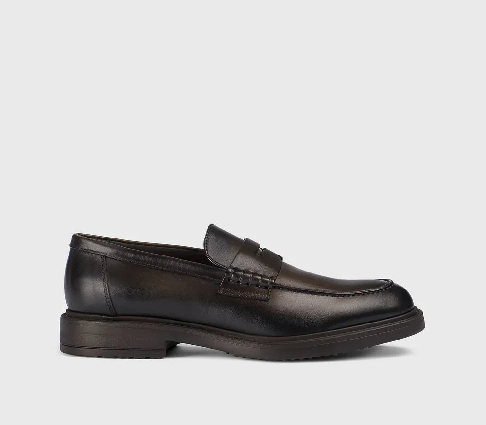 Mocassino uomo in pelle liscia testa di moro, elegante, su sfondo neutro