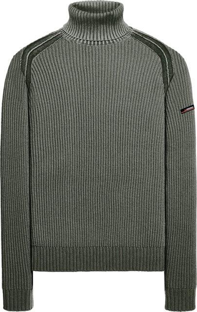 Maglione uomo verde militare, collo alto, dettagli a coste, stile casual elegante
