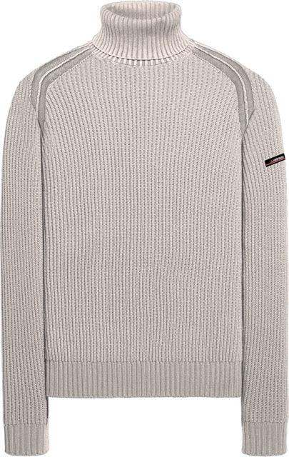 Maglione uomo a collo alto beige in lana con dettagli sulle spalle, stile casual elegante