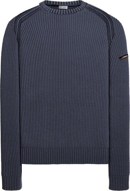 Maglione uomo blu scuro a girocollo, lavorazione a coste, spalla rinforzata, stile casual elegante.