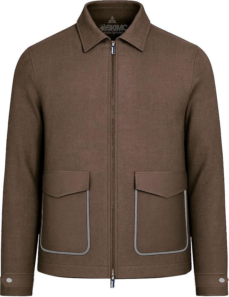 Giacca uomo marrone, zip frontale, tasche con bordi a contrasto, stile elegante