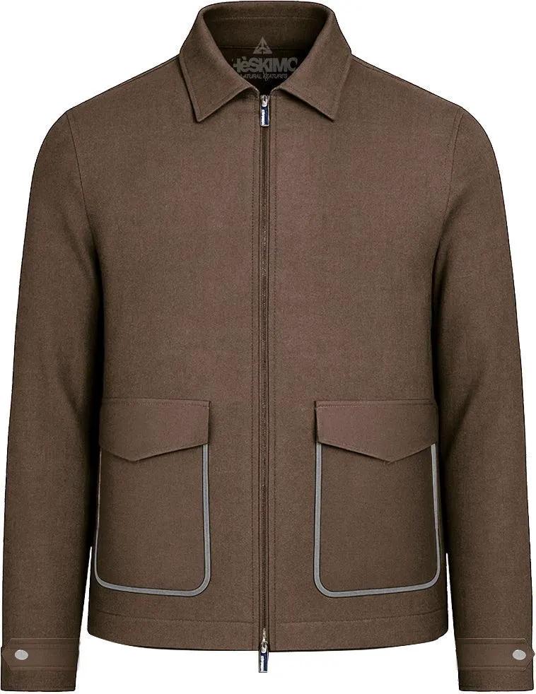 Giacca uomo marrone, zip frontale, tasche con bordi a contrasto, stile elegante