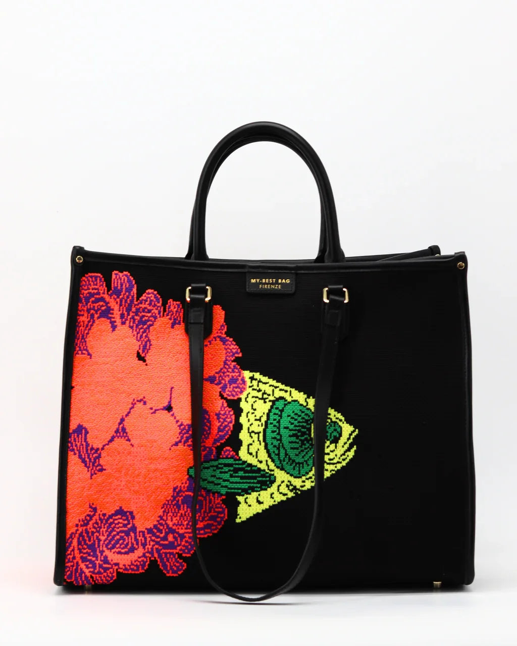 Borsa shopping nera donna con ricamo colorato di fiori e dettagli stilizzati, stile elegante