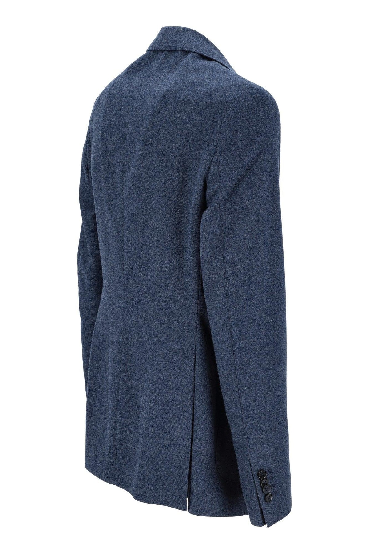 Giacca uomo blu elegante vista posteriore, tessuto sartoriale, abbigliamento moda uomo