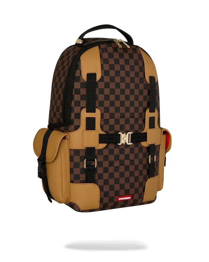 Zaino uomo donna fantasia a scacchi marrone e nero con dettagli beige, accessori moda
