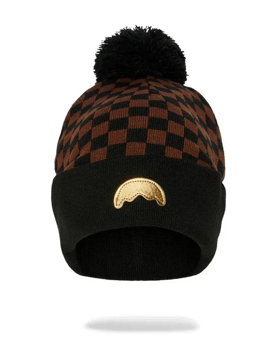 Berretto invernale unisex a scacchi marrone e nero con pon pon e dettaglio dorato, accessori moda