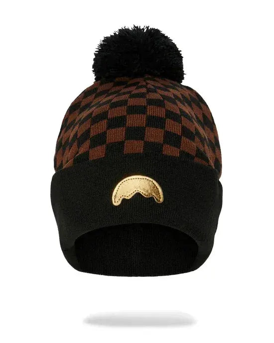Berretto invernale unisex a scacchi marrone e nero con pon pon e dettaglio dorato, accessori moda