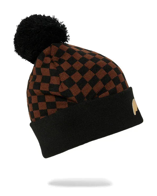 Berretto invernale uomo donna a quadri marrone e nero con pon pon, accessori moda