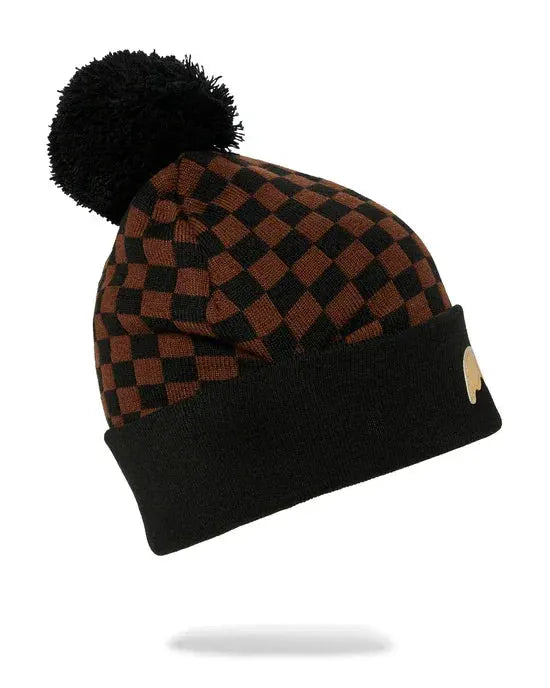 Berretto invernale uomo donna a quadri marrone e nero con pon pon, accessori moda