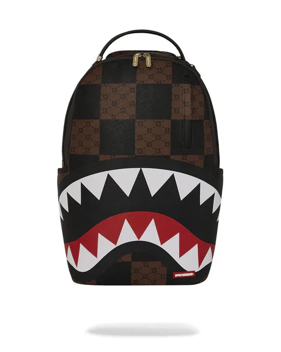 Zaino uomo marrone motivo scacchi con stampa denti shark, accessorio moda originale