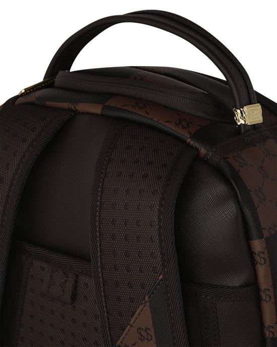 Zaino uomo marrone in tessuto con spallacci imbottiti, dettagli dorati e motivo monogram