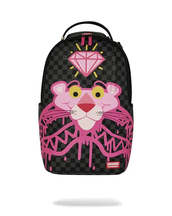 Zaino nero a scacchi con grafica pantera rosa e diamante, accessorio moda uomo donna