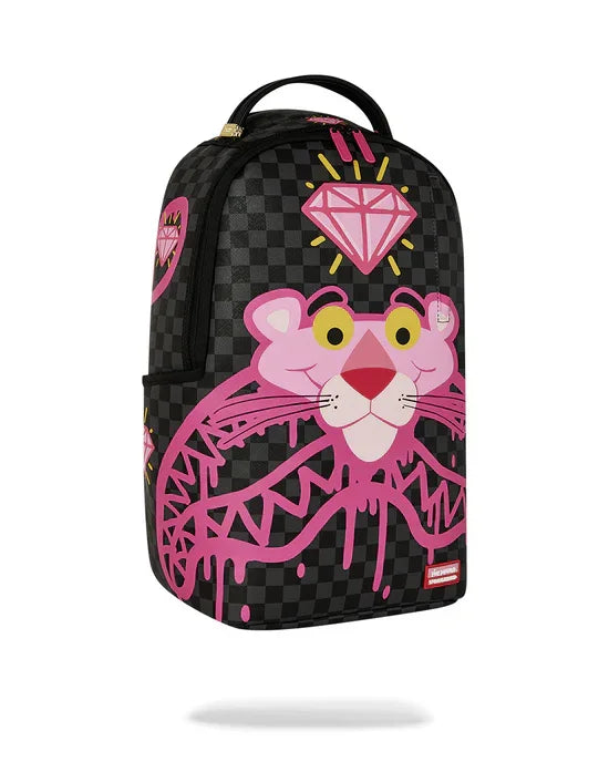 Zaino nero fantasia quadri con stampa pantera rosa e diamante decorativo, accessorio moda uomo donna