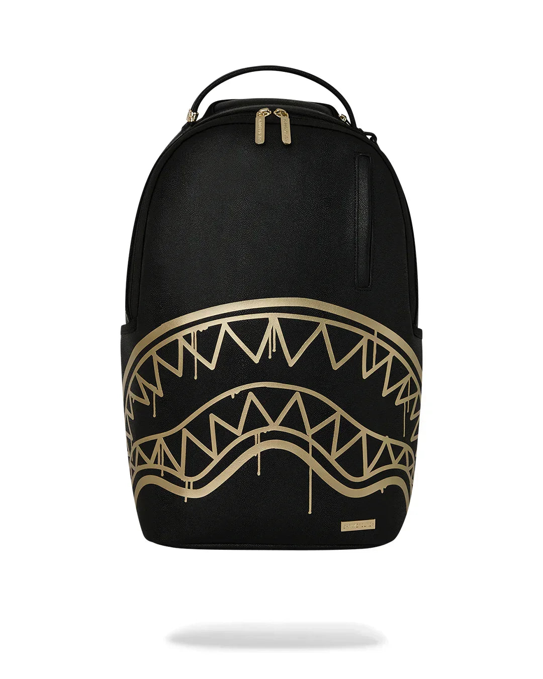 Zaino nero moda uomo con grafica dorata geometrica, accessorio elegante e moderno