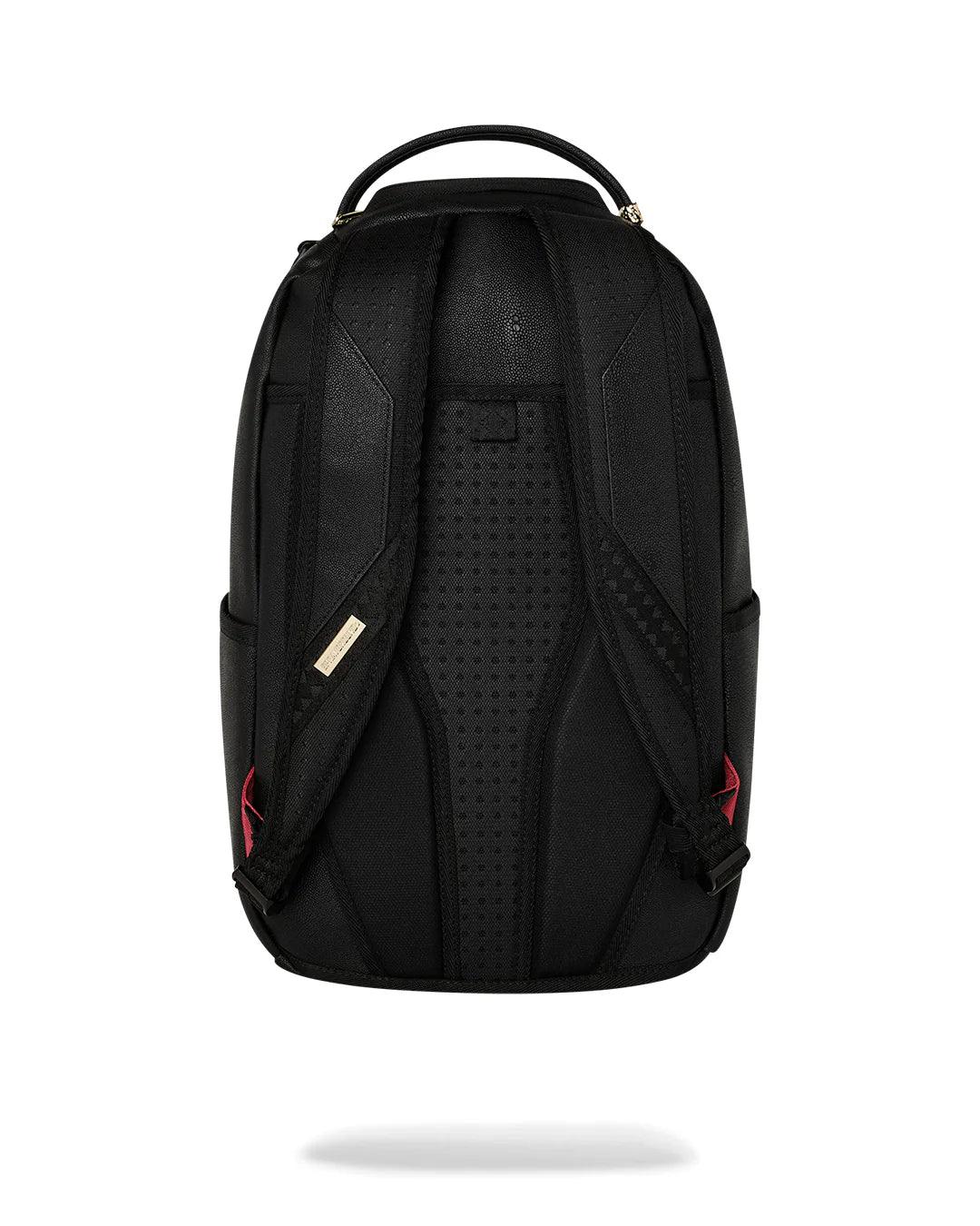 Zaino nero elegante con spallacci imbottiti e dettagli rossi, vista posteriore.