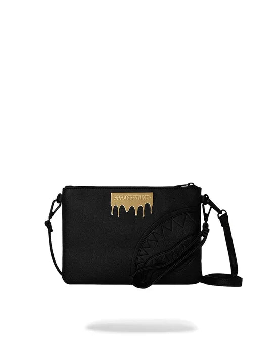 Borsa a tracolla nera uomo donna con logo dorato Sprayground e dettagli in rilievo