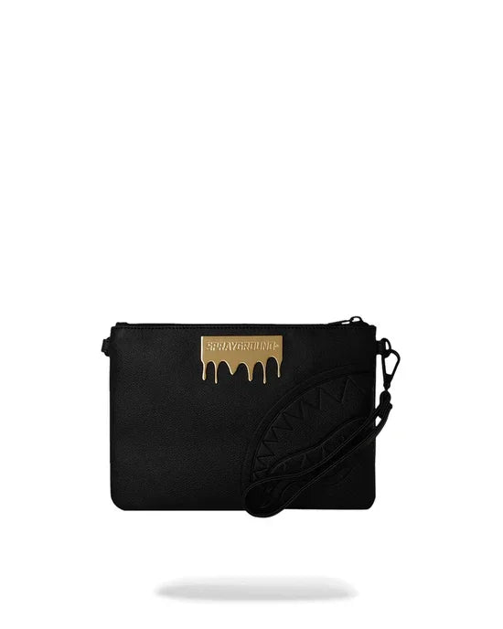 Pochette nera da uomo con decorazione oro e dettagli geometrici, accessorio moda elegante
