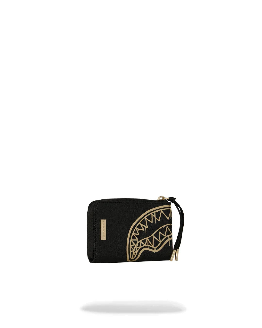 Portafoglio nero con zip e decorazione dorata geometrica, accessorio moda uomo donna