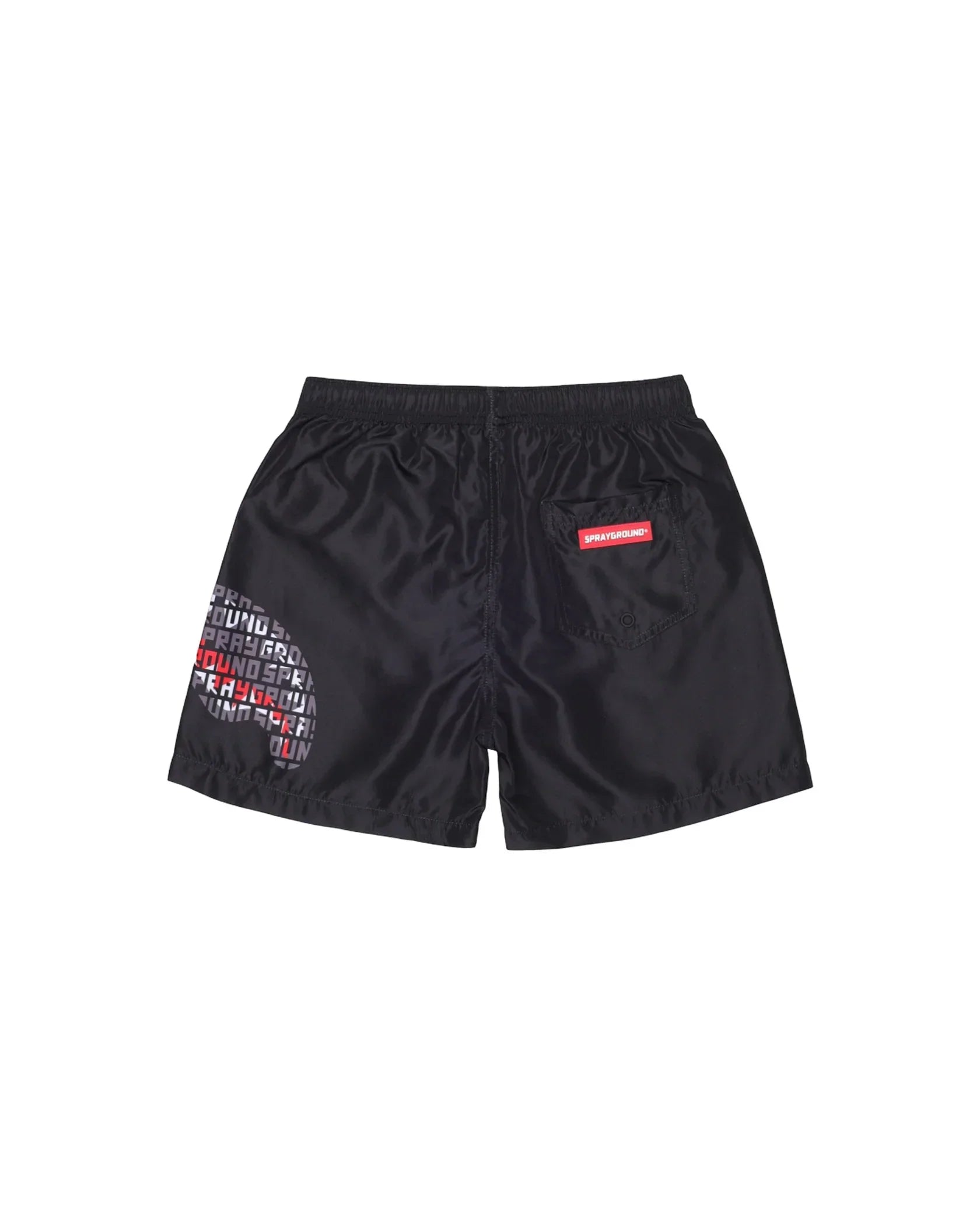 Costume da bagno uomo nero con dettagli grafici bianchi e rossi, tasca posteriore