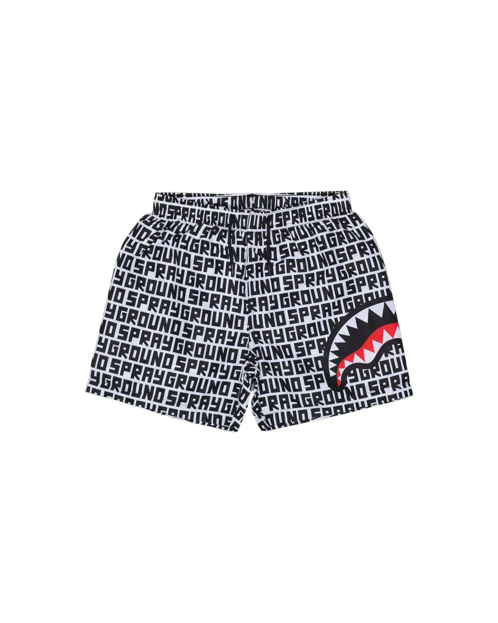 Pantaloncini uomo bianco e nero con stampa logo Sprayground e dettaglio grafica squalo.