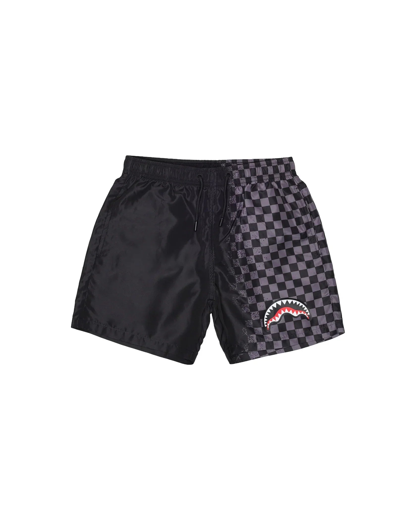 Shorts uomo neri con motivo a scacchi e dettaglio grafico di bocca di squalo