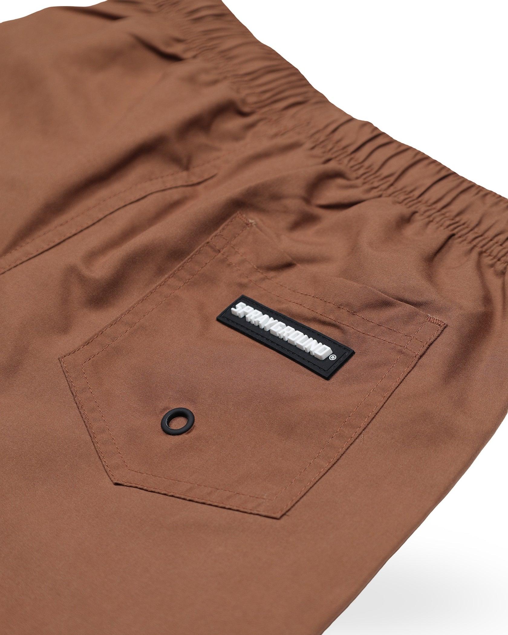pantaloncini uomo marroni con tasca posteriore, elastico in vita, stile casual