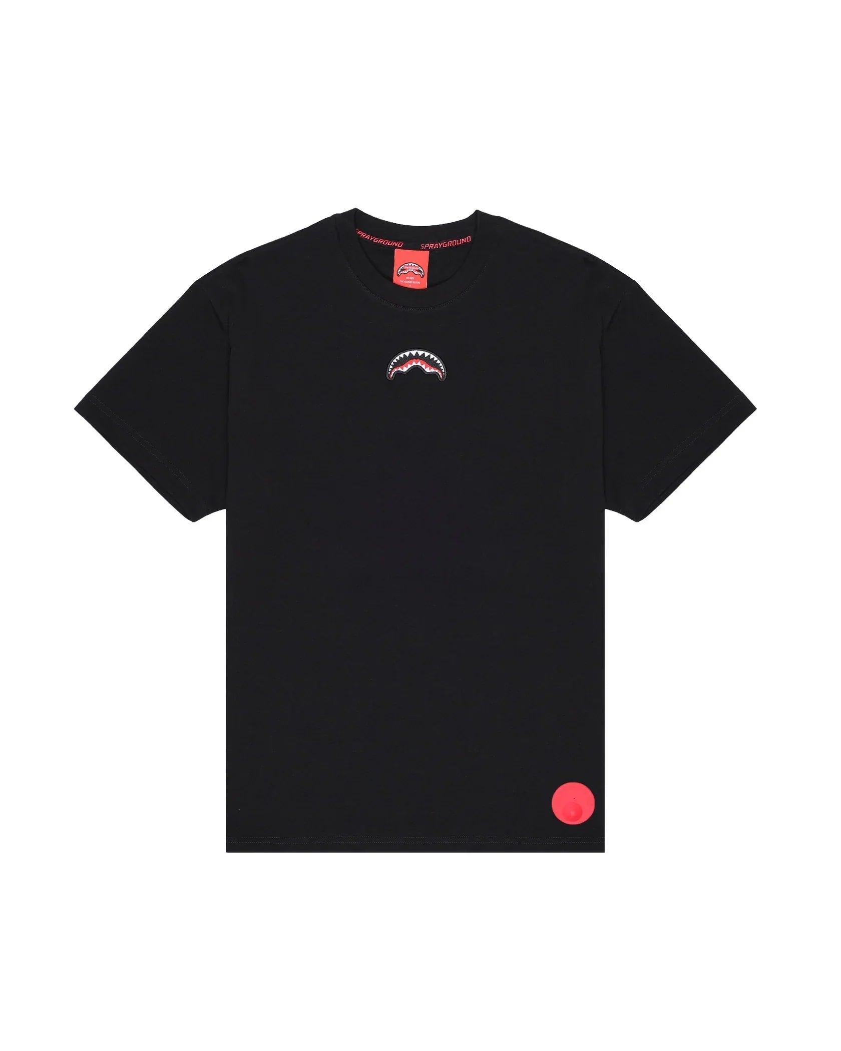 T-shirt nera da uomo con logo a bocca di squalo al centro e dettaglio rosso sul fondo