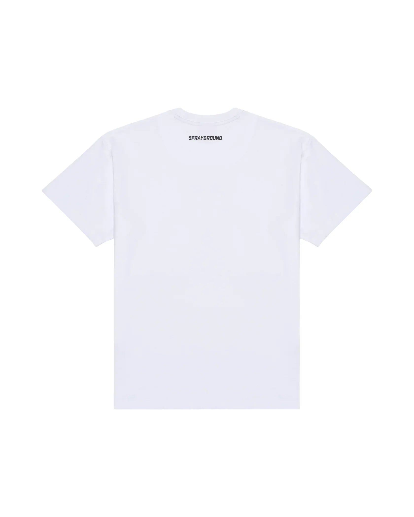 t-shirt bianca uomo con scritta SPRAYGROUND sul retro, maniche corte, stile casual