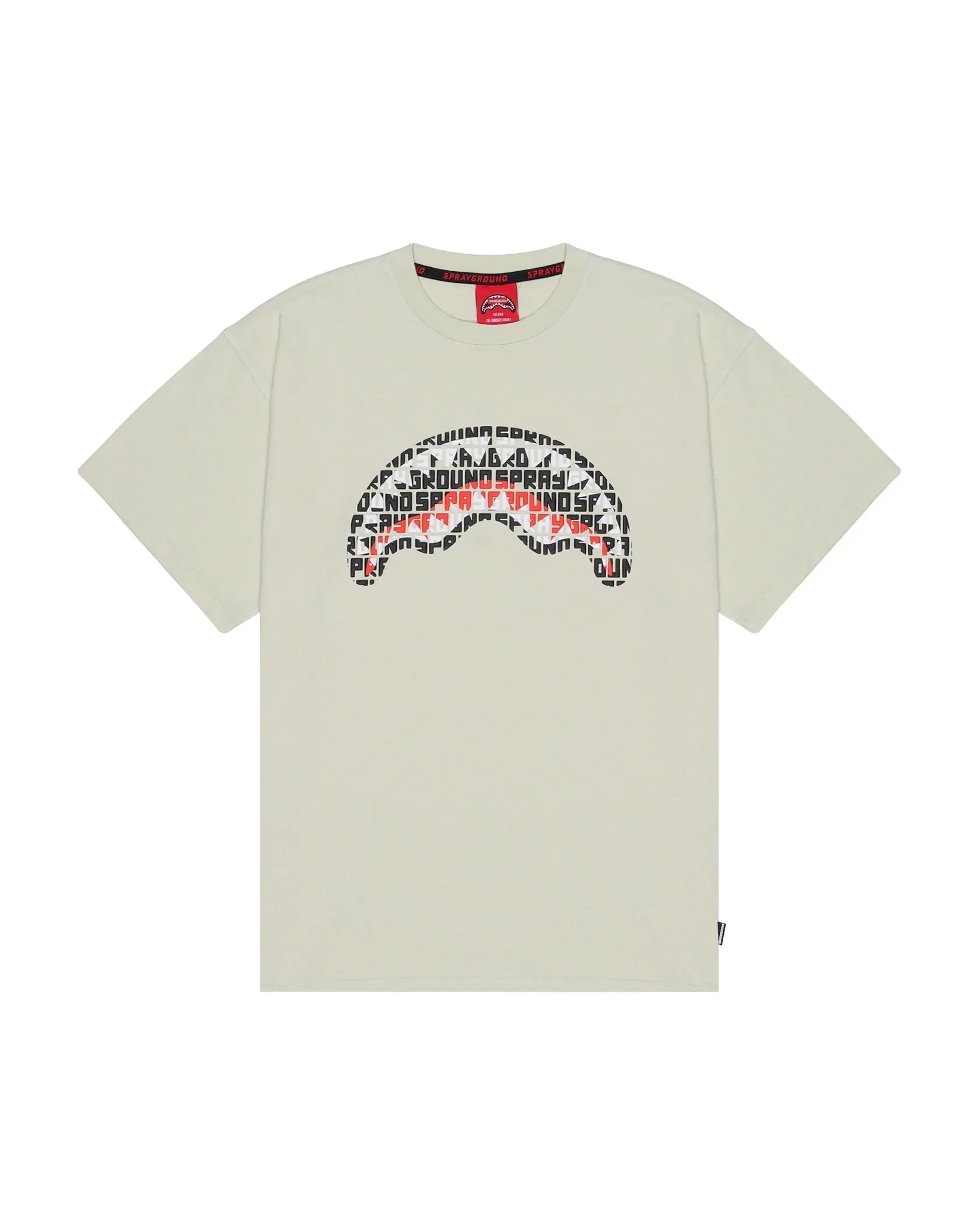 T-shirt uomo beige con stampa grafica frontale in nero e rosso, stile casual estivo