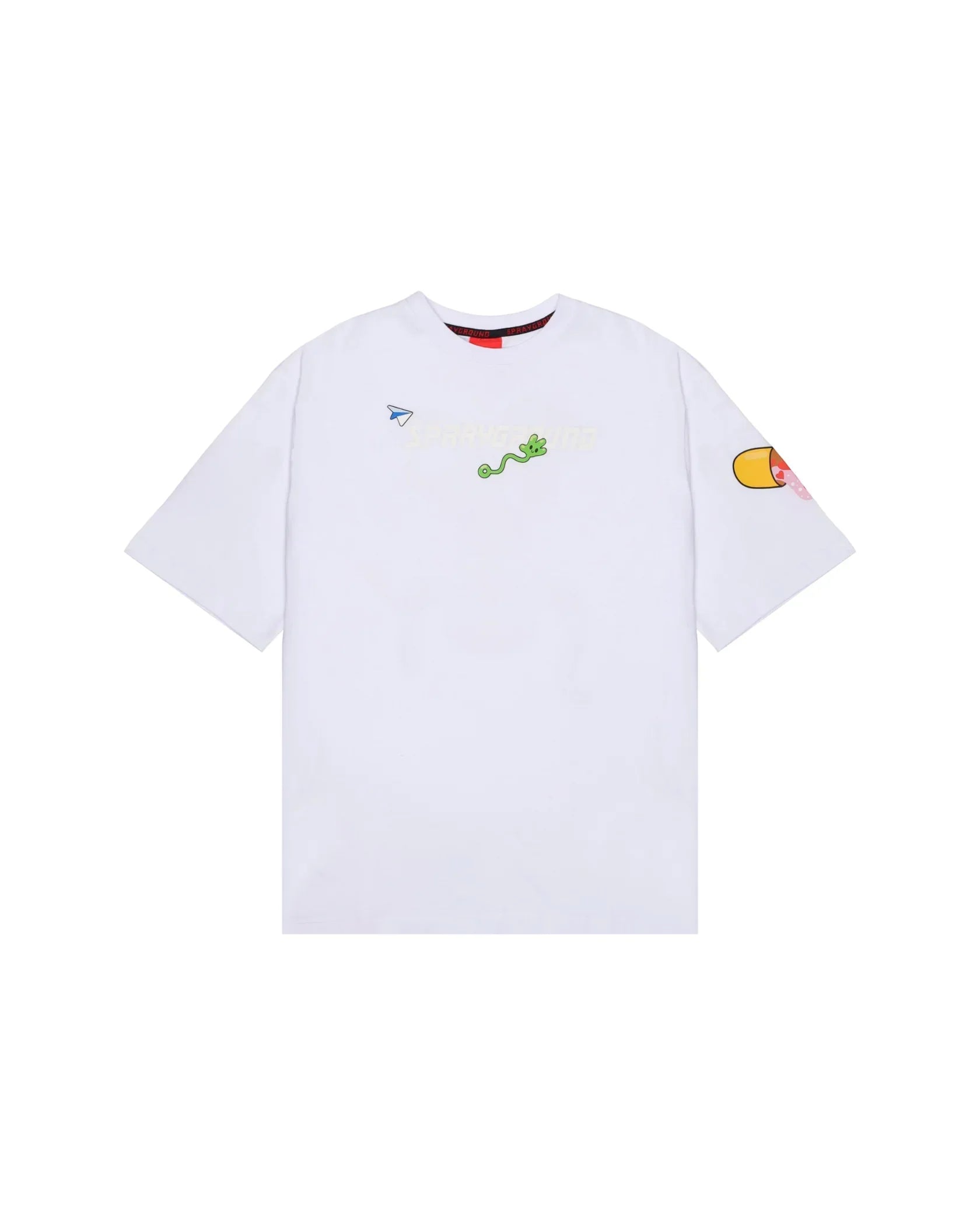 T-shirt bianca uomo con stampe colorate, scritta Sprayground e dettagli grafici sul petto e manica