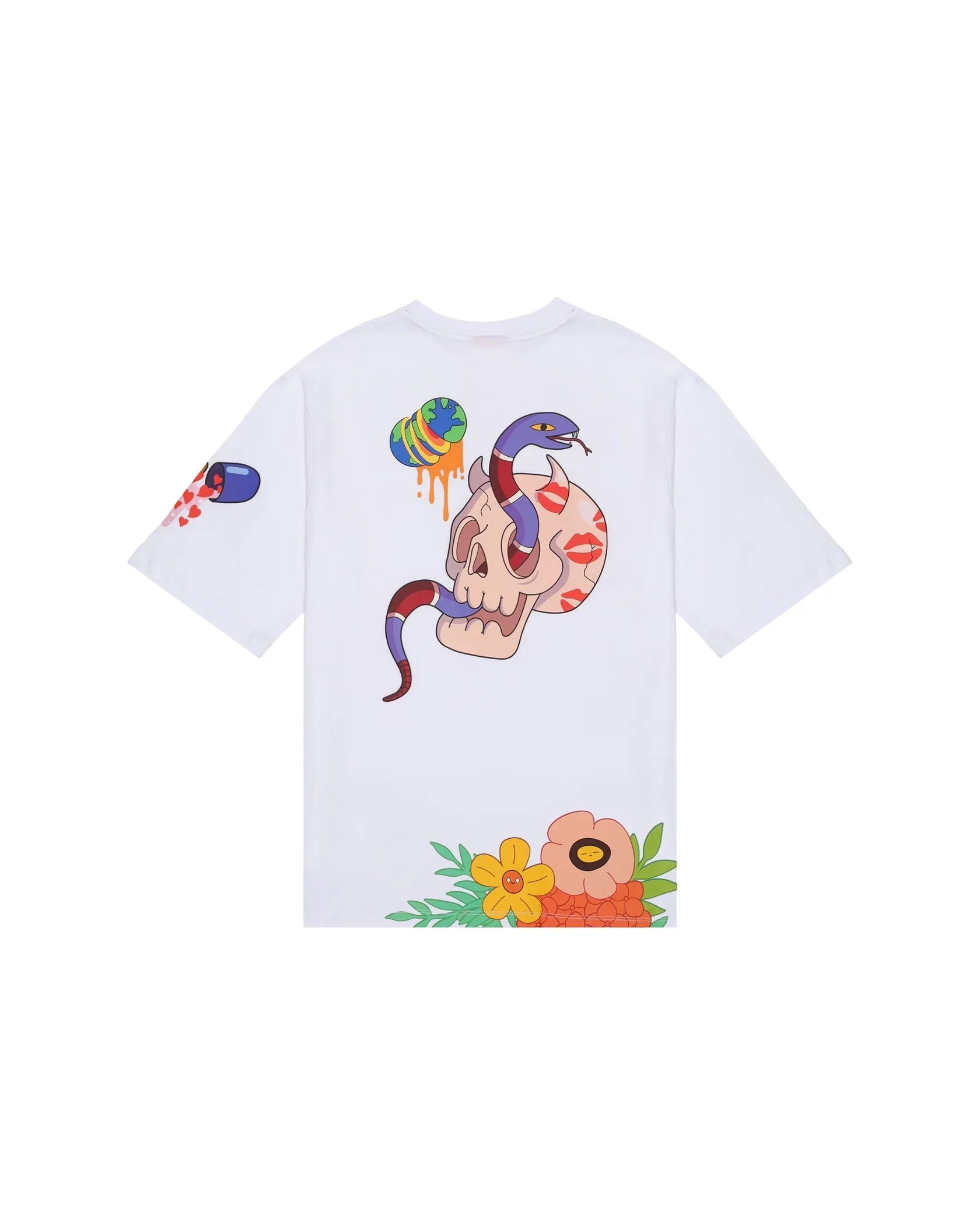 T-shirt bianca uomo con stampa teschio, serpente, fiori colorati e dettagli pop-art