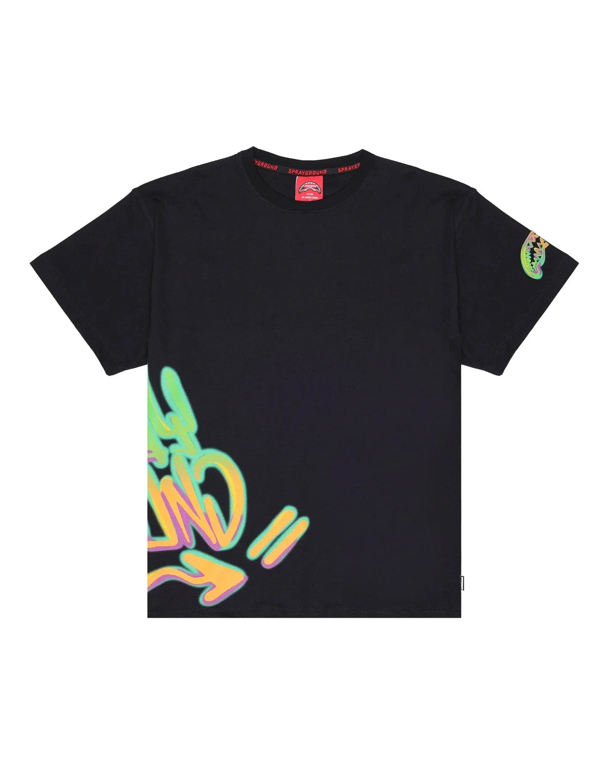 T-shirt nera uomo con stampa graffiti colorati e dettaglio sulla manica, moda streetwear