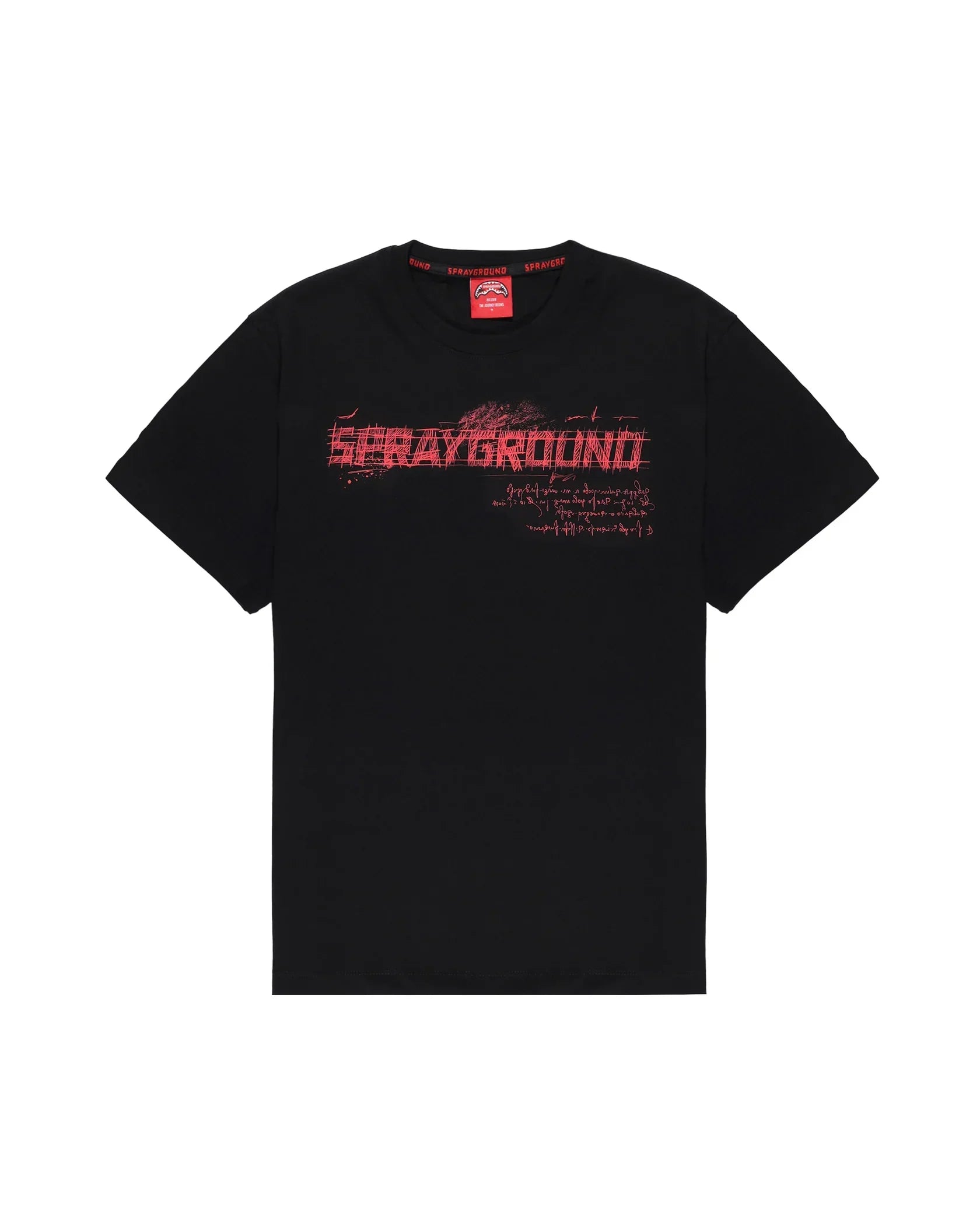 T-shirt nera uomo con scritta rossa Sprayground sul petto, stile casual streetwear