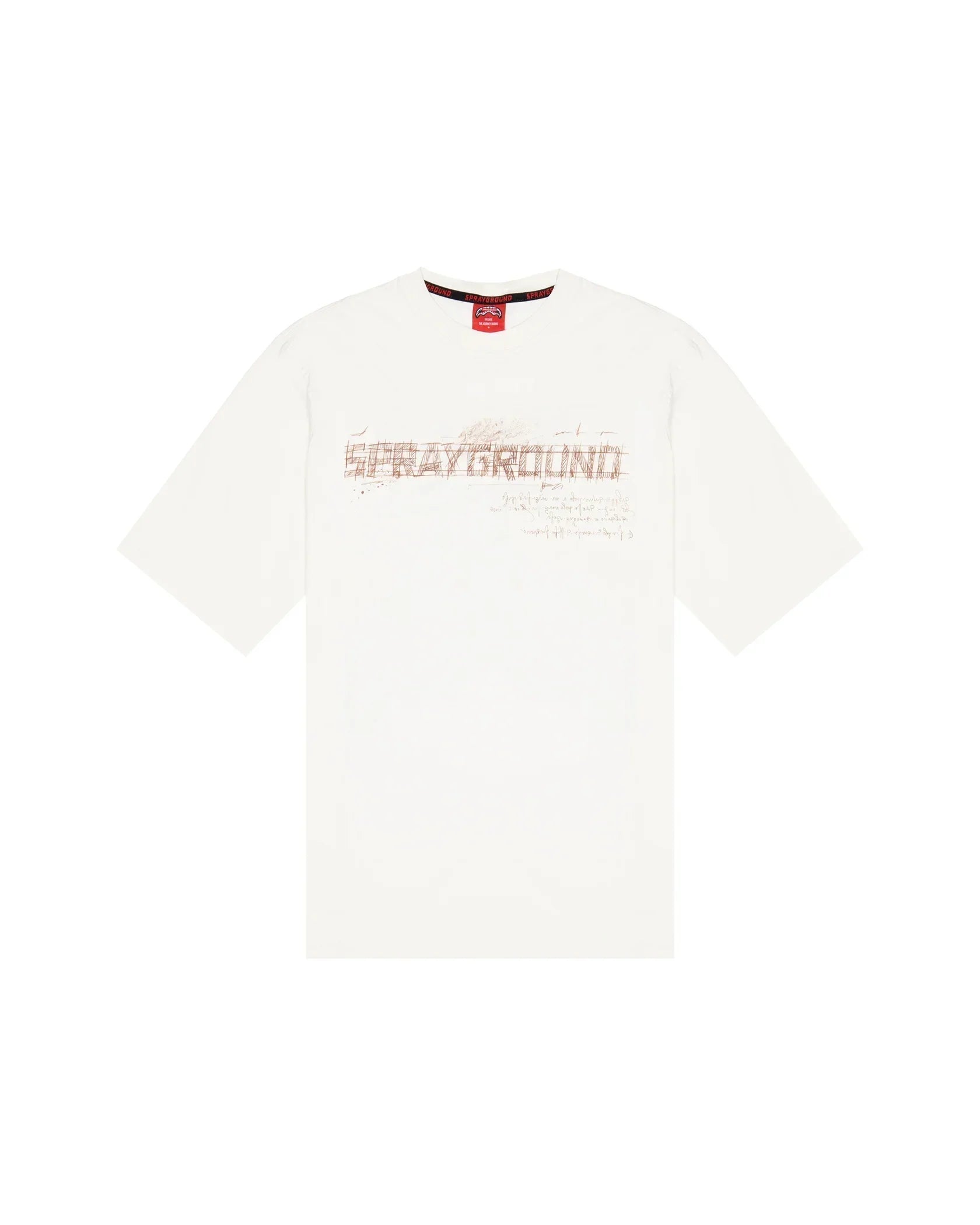 T-shirt bianca uomo con scritta decorativa marrone sul petto, stile casual moderno