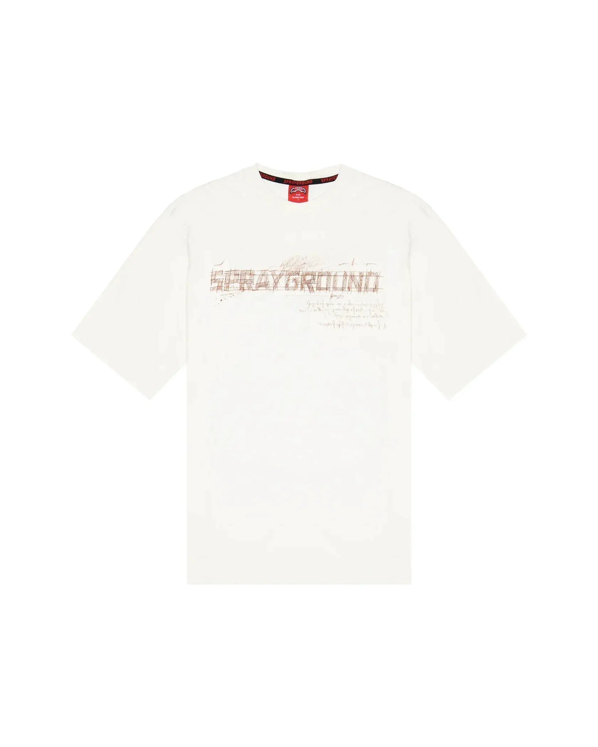 T-shirt bianca uomo con scritta decorativa marrone sul petto, stile casual moderno