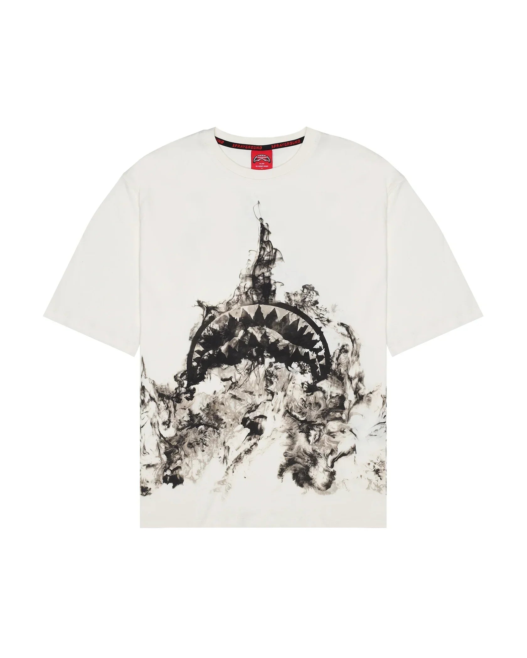 T-shirt bianca uomo con stampa artistica nera astratta sul davanti, moda streetwear