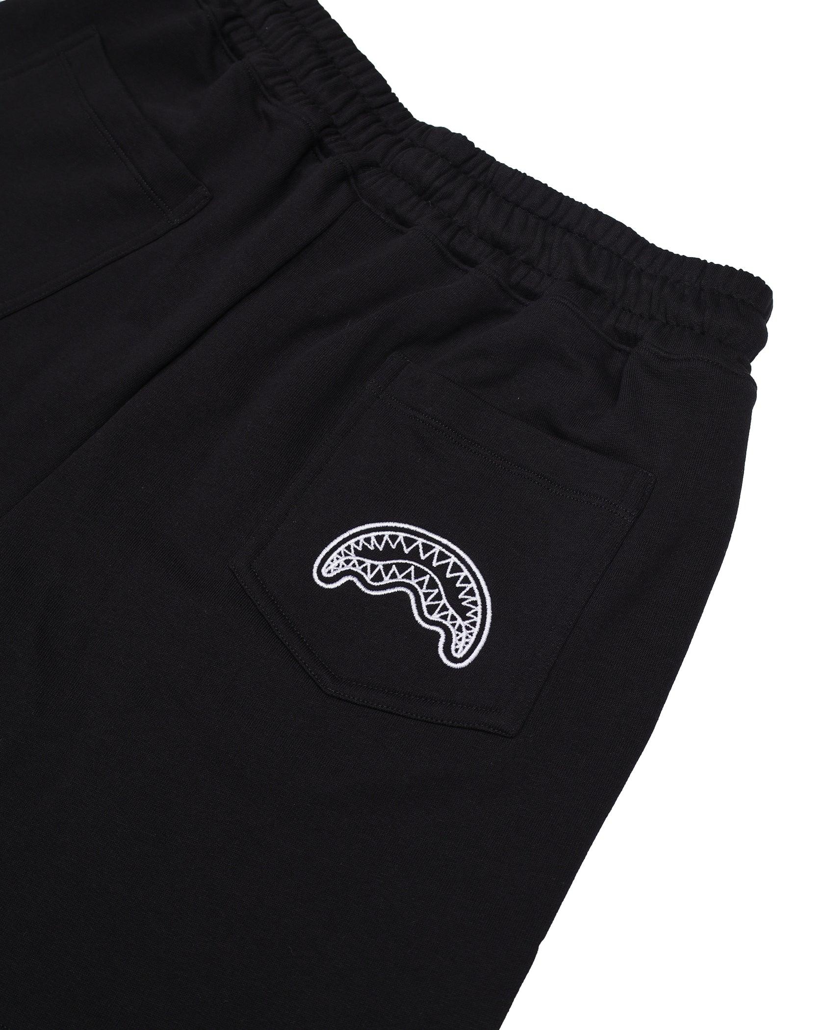 Pantaloncini neri uomo con elastico in vita e tasca posteriore decorata con ricamo bianco