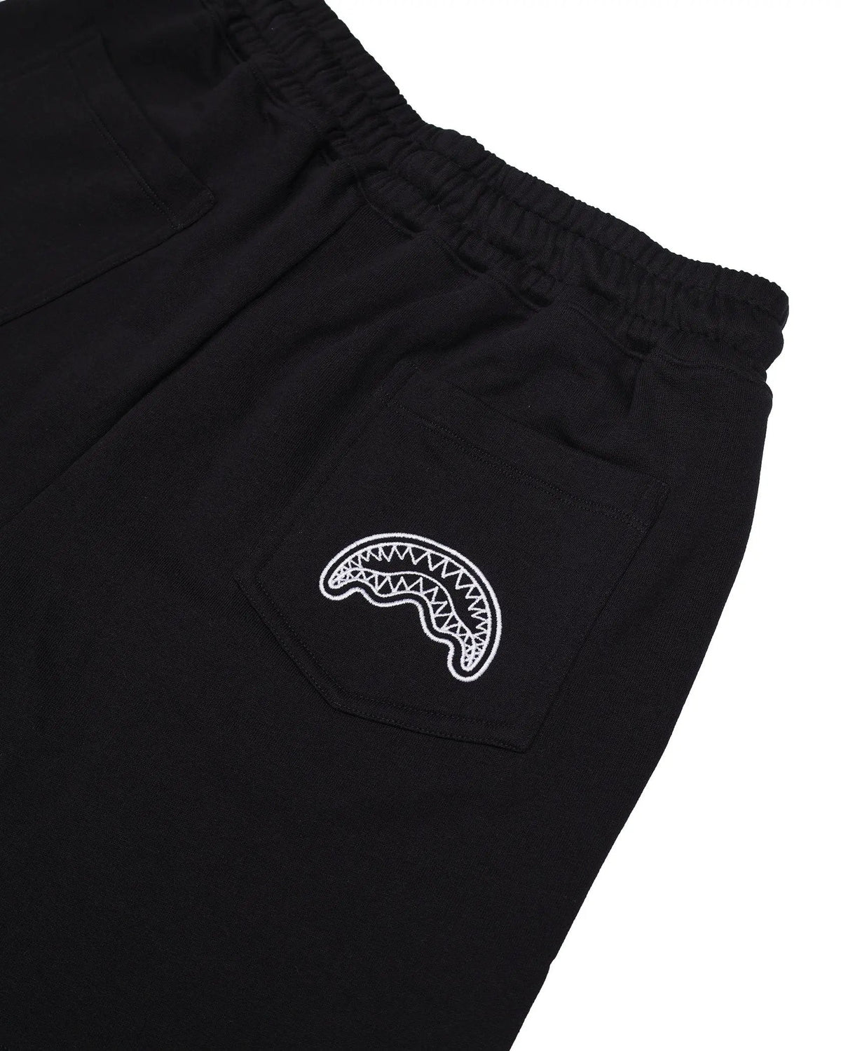 Pantaloncini neri uomo con elastico in vita e tasca posteriore decorata con ricamo bianco