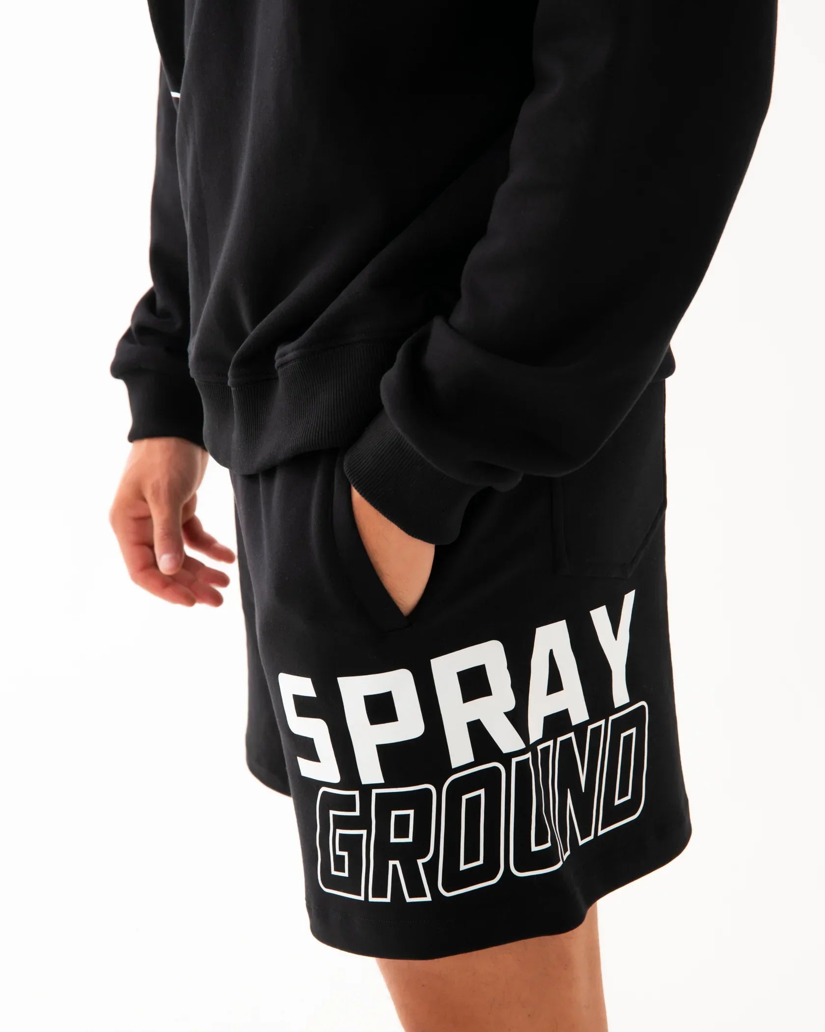 Shorts neri uomo con scritta SPARYGROUND bianca, stile casual moda streetwear