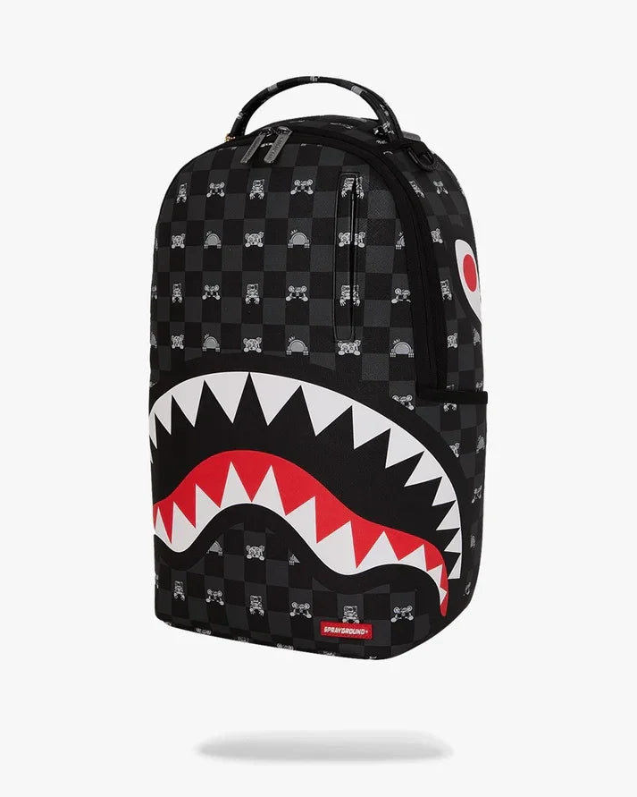 Zaino nero uomo con motivo a scacchi e stampa bocca di squalo, stile streetwear