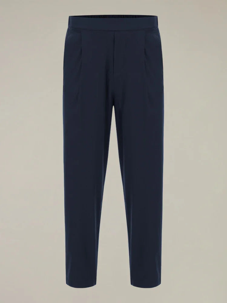 Pantaloni uomo blu classici eleganti con vita elasticizzata, vestibilità moderna.