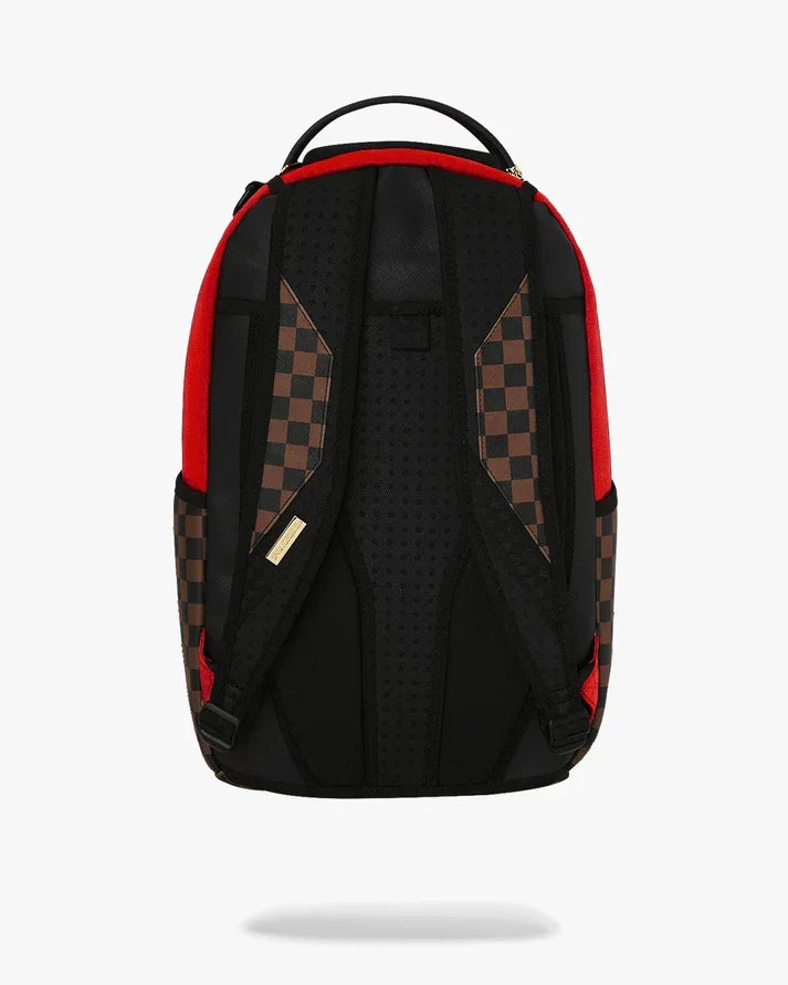 Zaino uomo rosso e nero con spallacci imbottiti e motivo a scacchi marrone, stile moderno