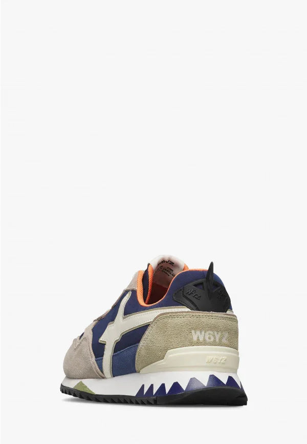 Sneaker uomo W6YZ beige e blu con suola bianca, dettagli geometrici, vista posteriore