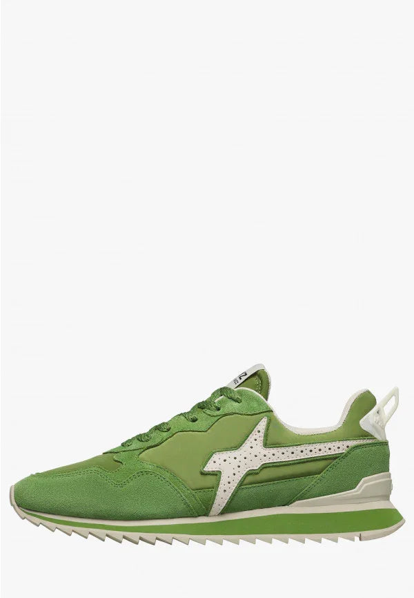 Sneaker verde da uomo in pelle e tessuto con dettaglio laterale bianco, suola alta