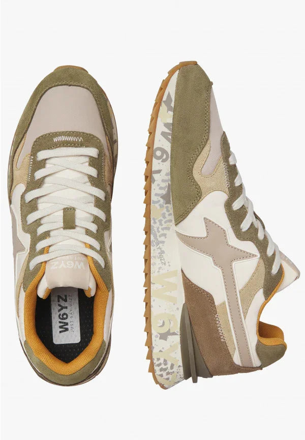 Sneakers uomo beige, khaki e marrone con dettagli camouflage e suola in gomma, W6YZ.