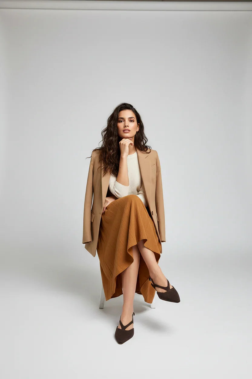 Donna seduta con blazer cammello, maglia bianca, gonna marrone e scarpe eleganti.